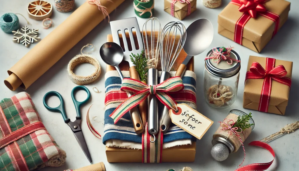 A collection of creative kitchen gift ideas, showcasing how to gift wrap kitchen utensils for a festive presentation.