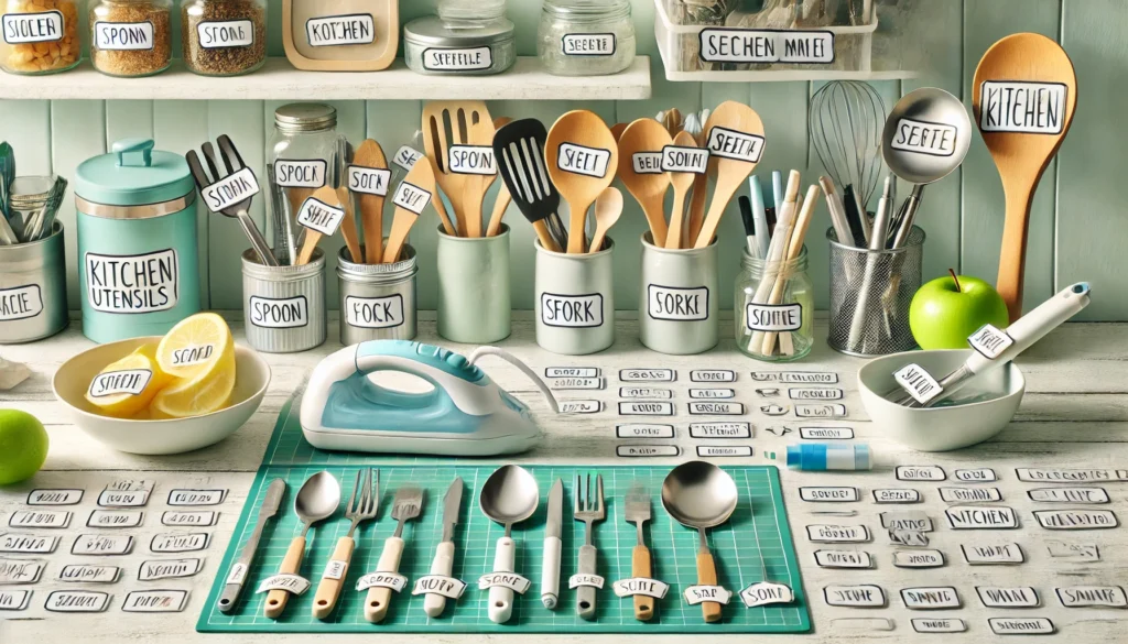 A well-organized kitchen table displaying various utensils and items, illustrating how to label kitchen utensils effectively.