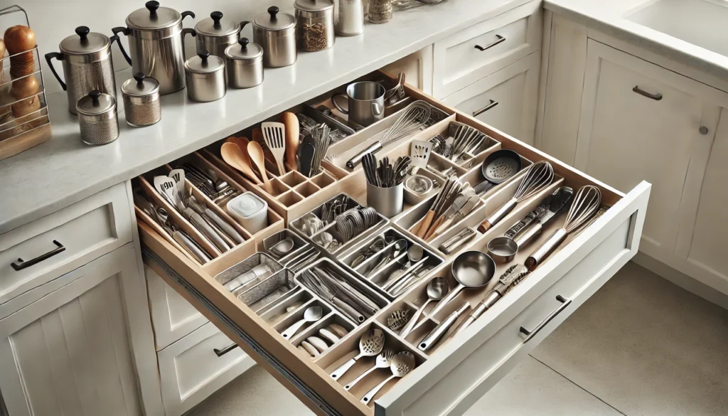 A well-organized deep drawer showcasing various kitchen utensils, demonstrating how to organize kitchen utensils in a deep drawer.
