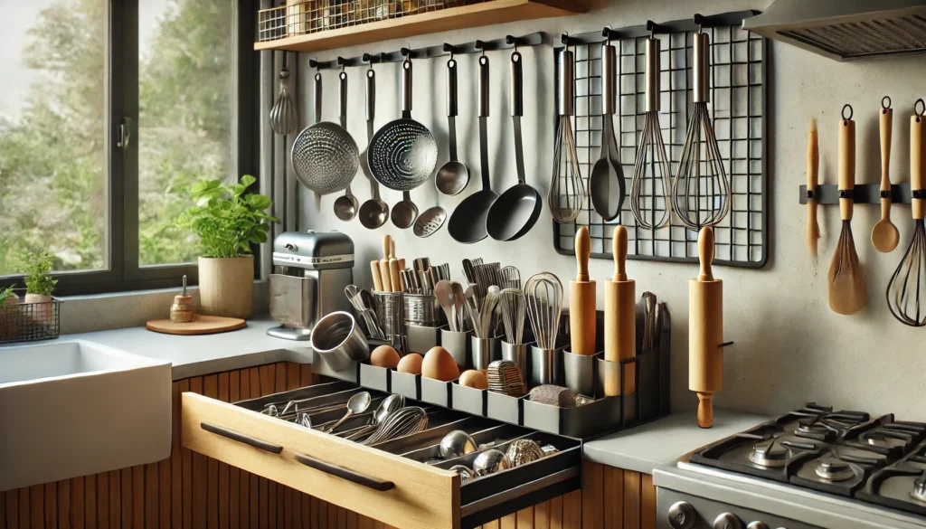 A spacious kitchen showcasing neatly arranged pots and utensils on shelves, demonstrating how to organize large kitchen utensils.