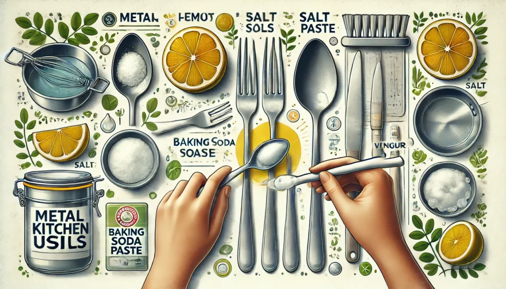 An individual displays a spoon and utensils in front of a table filled with kitchen tools, highlighting how to remove rust from metal kitchen utensils.