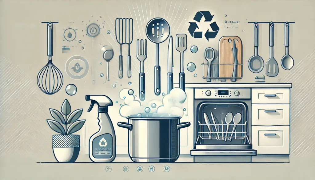 A bright kitchen filled with utensils and cleaning supplies, highlighting essential methods on how to sterilize kitchen utensils.