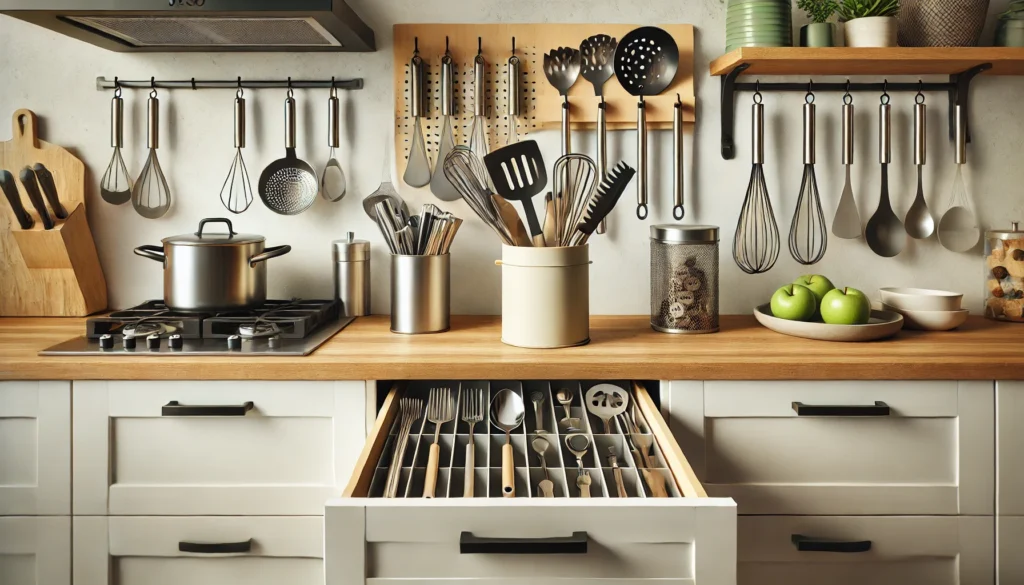  A well-organized kitchen featuring various utensils, pots, and pans, illustrating how to store large kitchen utensils effectively.