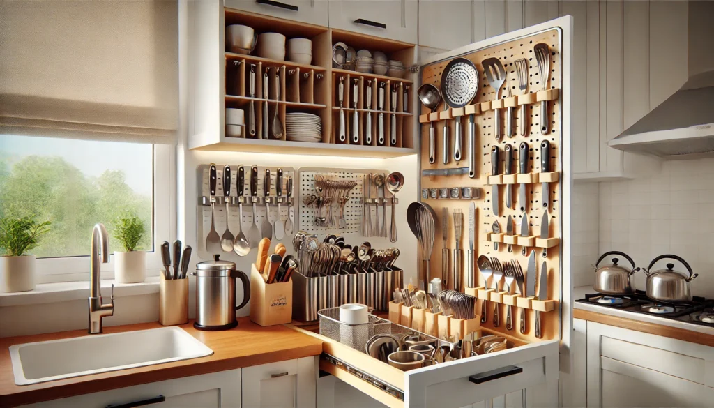 Practical kitchen storage ideas for limited spaces, demonstrating how to store utensils in a small kitchen smartly.