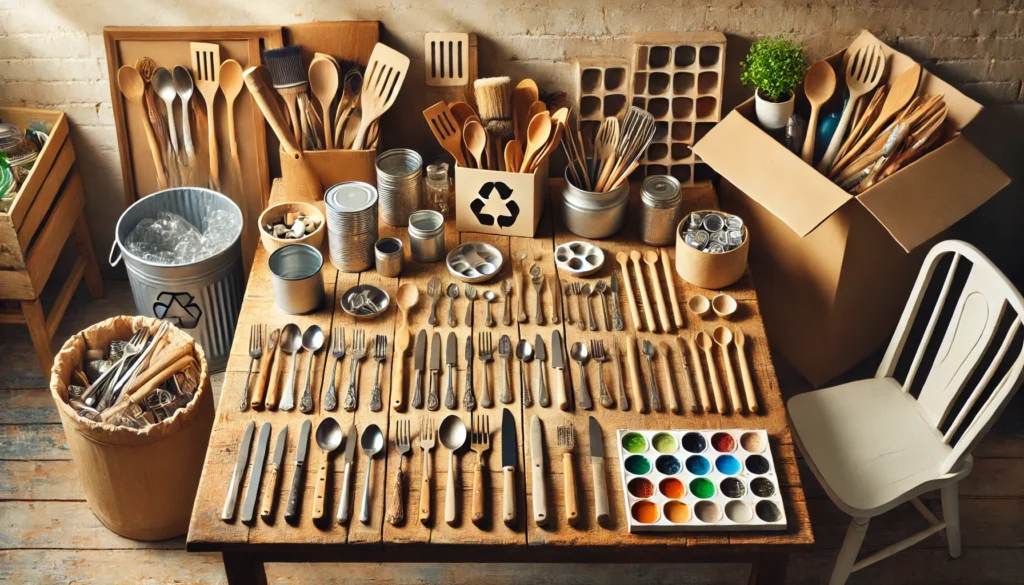 A table displaying various kitchen utensils and paint cans, illustrating how to dispose of old kitchen utensils responsibly.