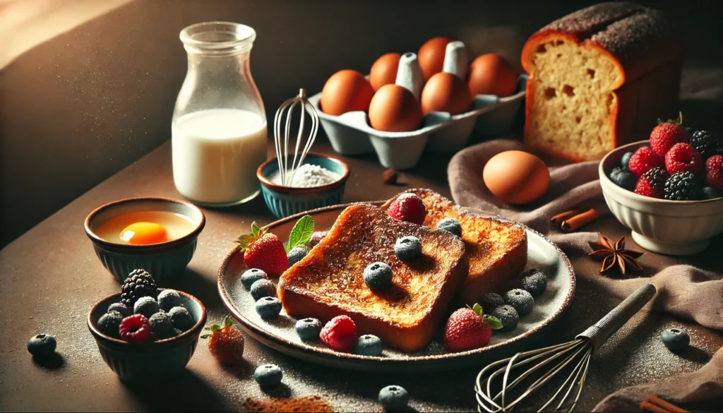 A beautifully styled food photograph by Julian Krause, showcasing French toast with a focus on how many eggs are needed for 6 slices.