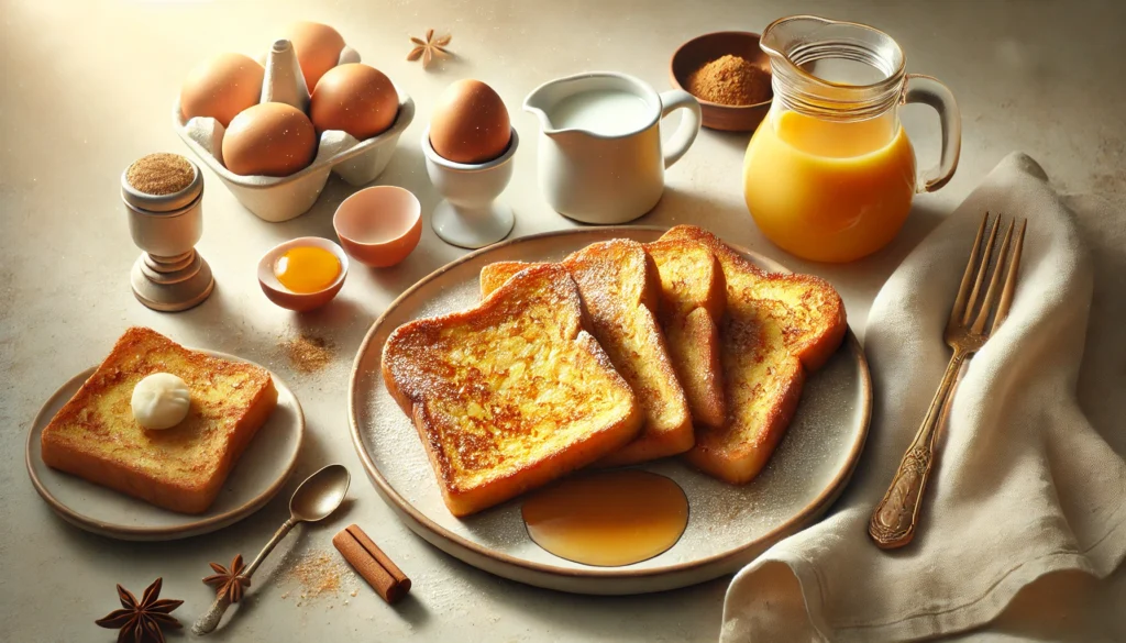 A plate of French toast topped with eggs and butter, accompanied by a glass of milk. How many eggs for 4 slices of French toast?