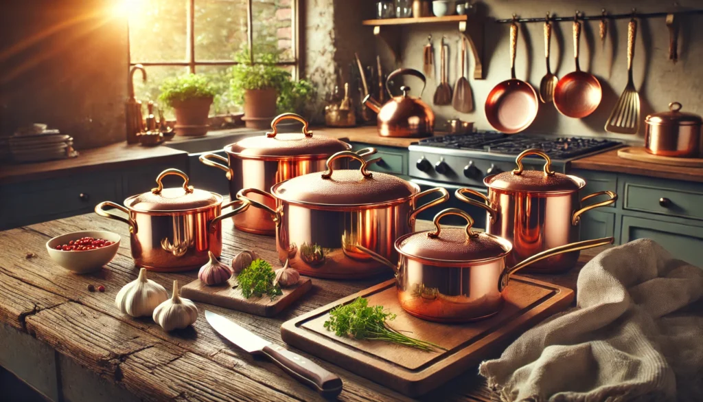 Copper pots and pans elegantly arranged on a wooden table, showcasing the beauty and utility of copper cookware. Why Buy Copper Cookware.