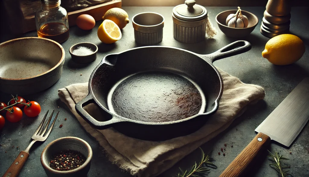  A well-used cast iron skillet with various ingredients arranged on a table, highlighting why cast iron cookware is bad for some cooks.