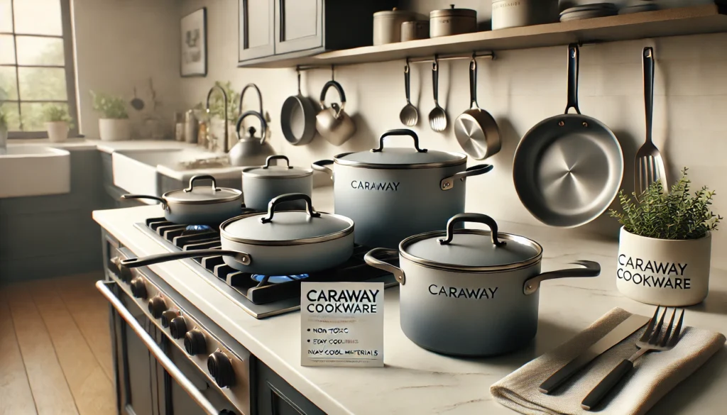 A kitchen featuring pots and pans on a counter, highlighting the quality and design of Caraway Cookware. Why is Caraway Cookware So Expensive?