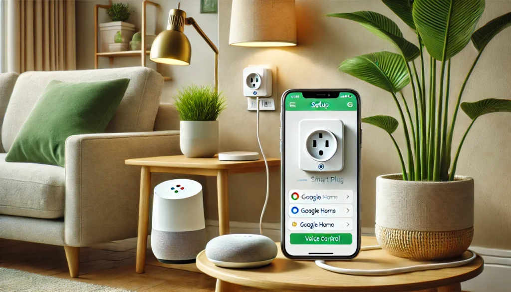 A smart plug is placed on a table beside a phone, illustrating how to set up Teckin smart plug with Google Home.