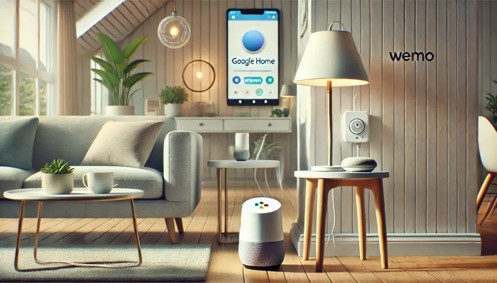 A cozy living room featuring a couch and a smart speaker, ideal for learning how to set up Wemo Smart Plug with Google Home.