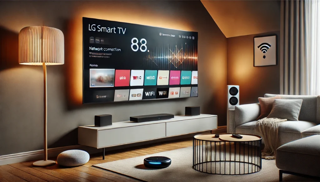 A cozy living room featuring a wall-mounted TV, perfect for learning how to setup LG Smart TV to your home network.