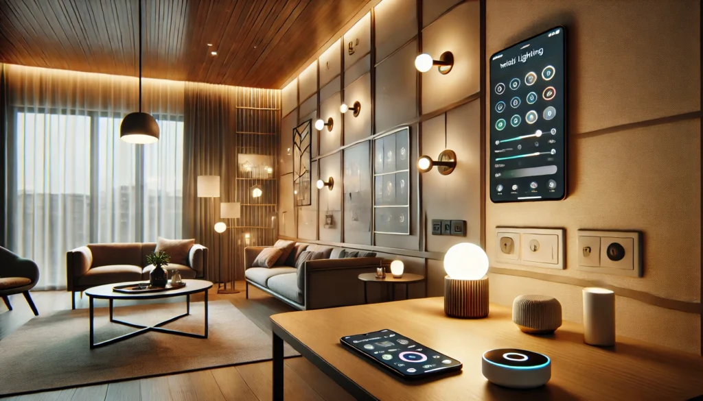 A modern living room featuring a smart TV and smartphone, ideal for learning how to setup smart home lighting.