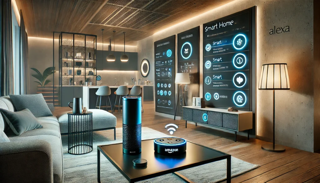 A cozy living room featuring a couch and a smart speaker, perfect for learning how to start a smart home with Alexa.