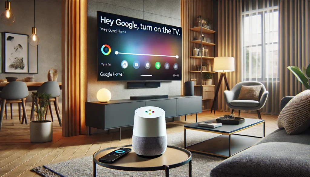 A smart speaker is placed on a table in front of a television, showing how to turn on a smart TV with Google Home.