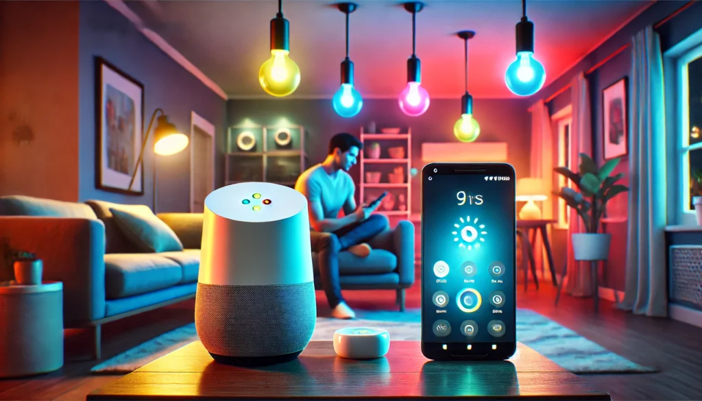 Google Home and Amazon Echo devices on a table, showcasing smart home technology. Learn how to use smart light bulbs with Google Home.