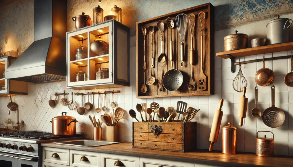 A kitchen featuring copper pots and utensils on shelves, showcasing how to display antique kitchen utensils in style.