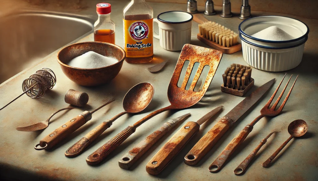 A kitchen counter featuring a sink, various utensils, and multiple wooden spoons. Are rusty kitchen utensils dangerous?
