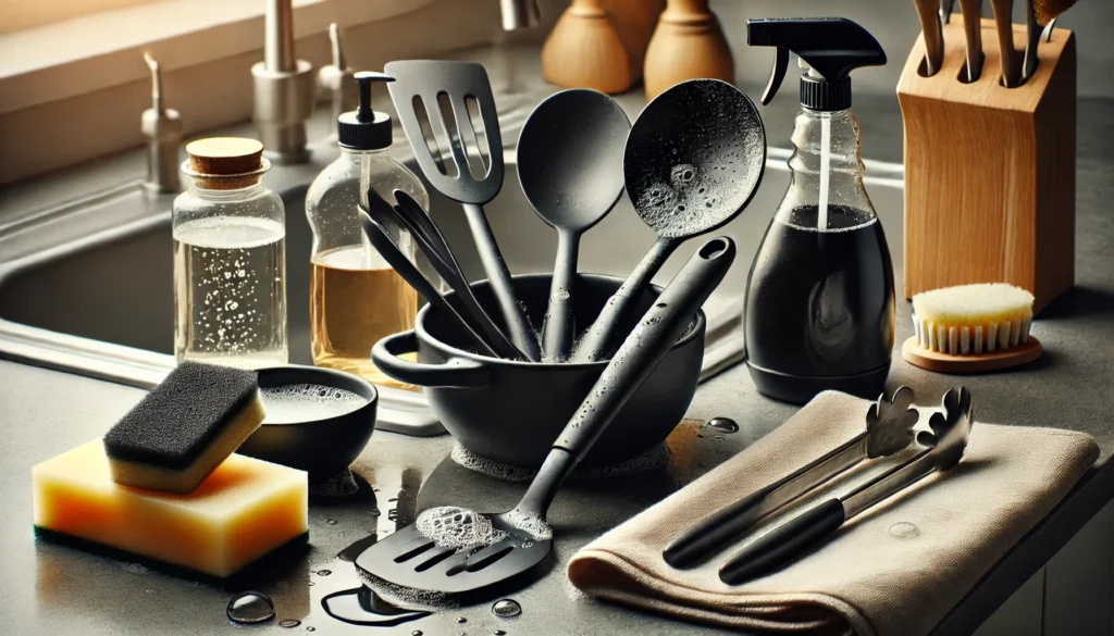 A kitchen sink filled with utensils and cleaning supplies, showing how to clean black kitchen utensils effectively.