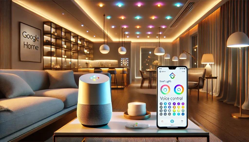 A smart voice assistent on a table in a living room illustrates how to set up smart lights with Google Home.