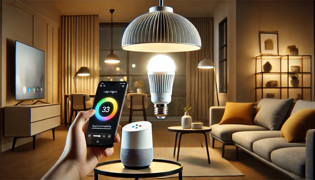 A person demonstrates how to set up a Sylvania smart bulb with Google Home in a cozy living room setting.