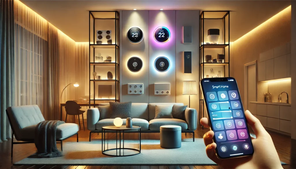 A person holds a smartphone in a living room, illustrating how to start building a smart home with modern technology.