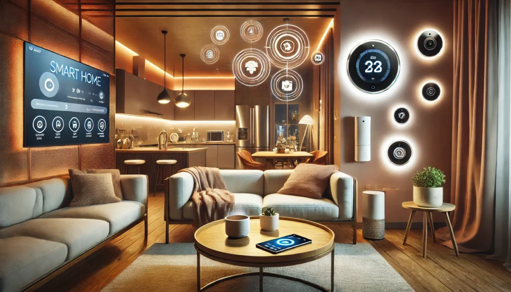 A modern living room featuring a smart TV and a smart thermostat, illustrating how to start making your home a smart home.