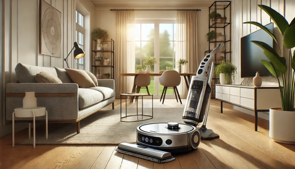 A living room scene with a vacuum cleaner, couch, and coffee table, prompting the inquiry: What is the Best Robot Vacuum and Mop Combo?