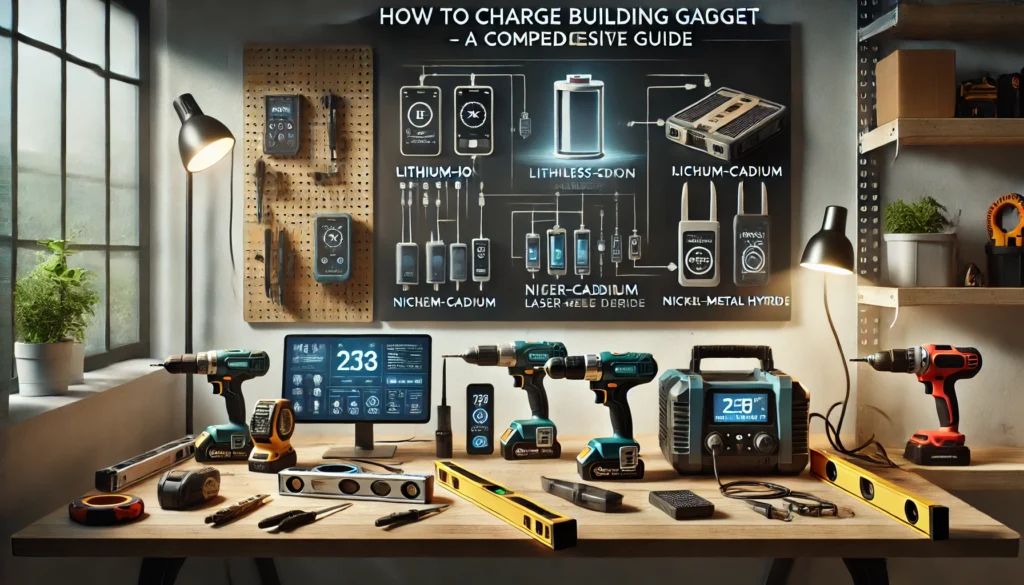 A comprehensive toolkit for closing building projects, illustrating how to charge building gadgets effectively.