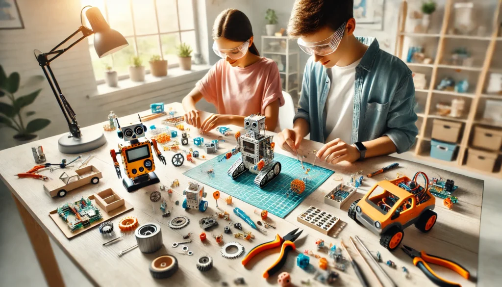 Two individuals collaborating on a project, utilizing toy robots to demonstrate how to use building gadgets effectively.