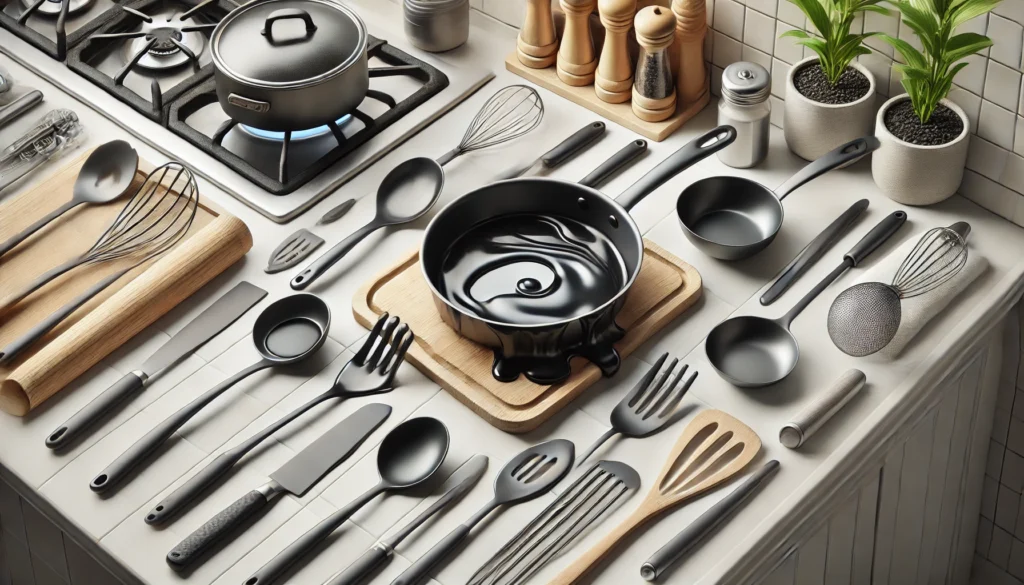 A well-organized kitchen counter filled with pots and utensils, prompting the inquiry: Is Nylon Kitchen Utensils Safe for use?