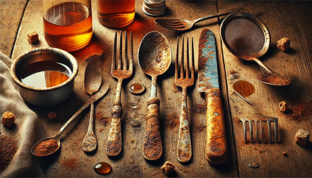 A collection of rusty kitchen utensils and a syrup bottle on a table, prompting thoughts on whether it is safe to use rusty kitchen utensils.