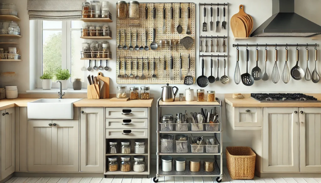 A well-equipped kitchen filled with various utensils, pots, and pans, showcasing tips on how to organize kitchen utensils without drawers.