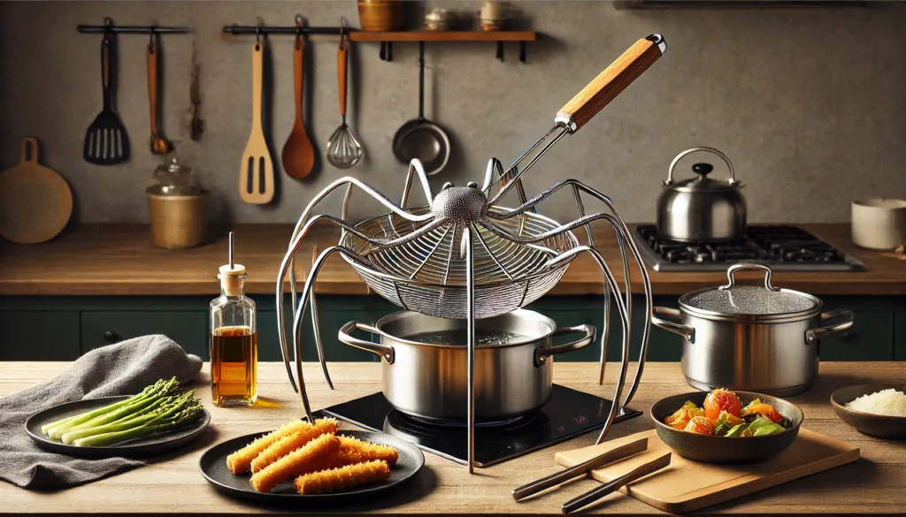 A kitchen scene featuring a spider perched atop a countertop, illustrating the concept of a Spider Kitchen Utensil.