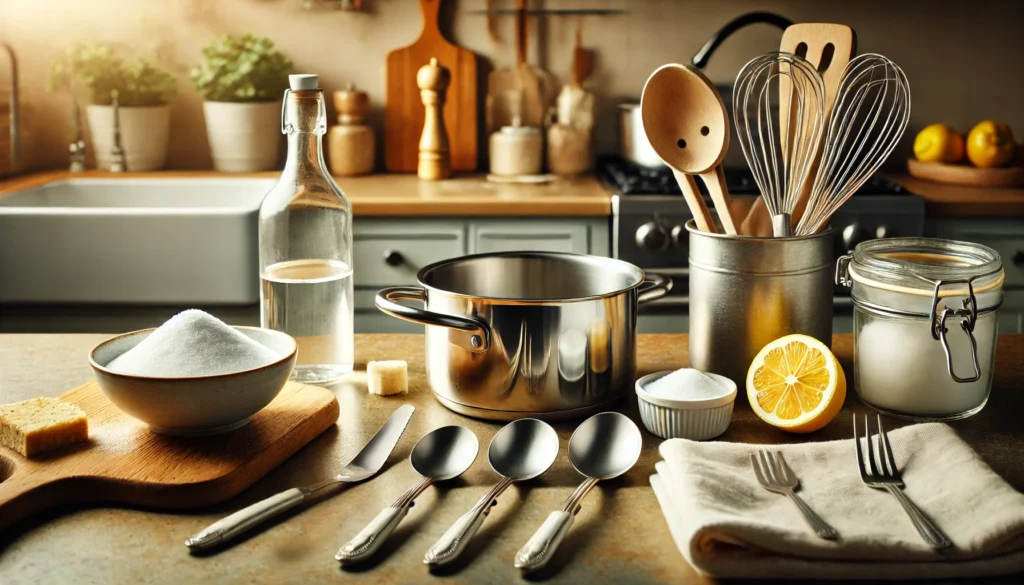 A collection of kitchen utensils displayed on a table, illustrating how to clean aluminum kitchen utensils effectively.