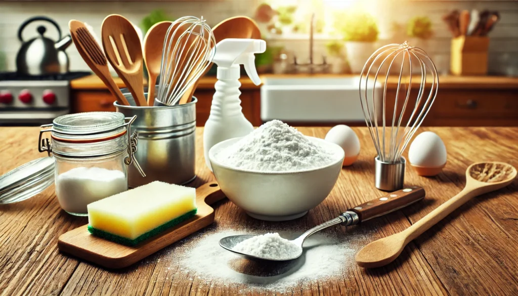 A wooden table displays various kitchen utensils and ingredients, illustrating how to clean kitchen utensils with baking soda.