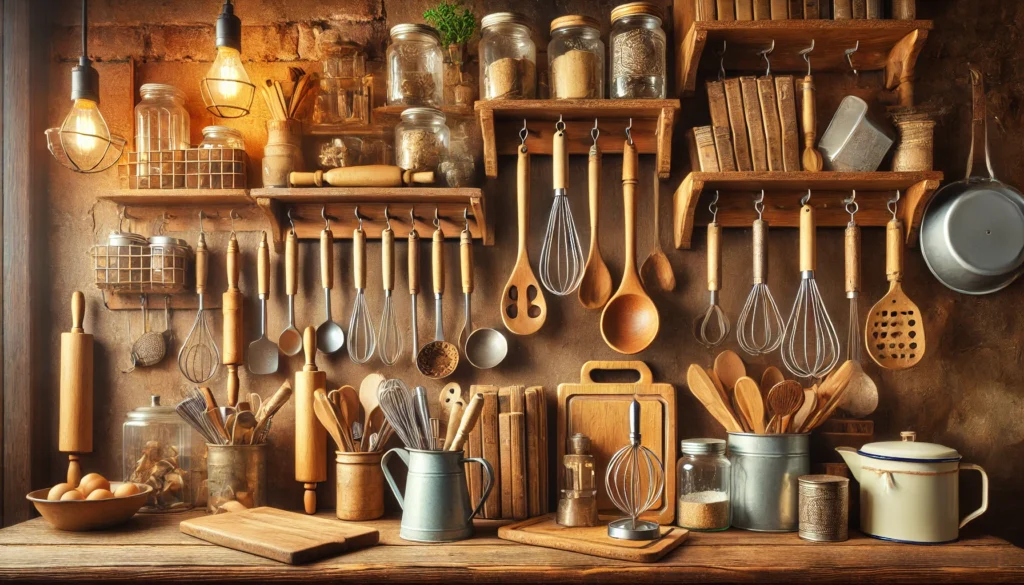 A collection of vintage kitchen utensils and kitchenware displayed on a shelf, demonstrating how to display vintage kitchen utensils beautifully.