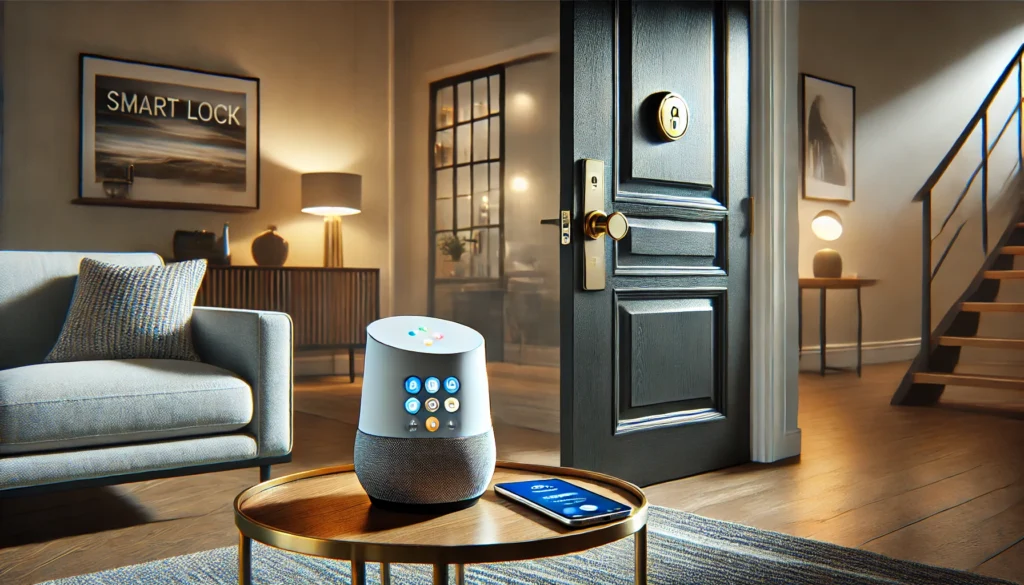 A cozy living room featuring a couch and a smart speaker, perfect for asking, "What smart locks work with Google Home?"