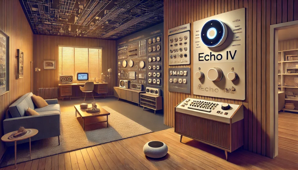 An image representing "echo iv - the sound of the future," showcasing smart home technology. What was the first smart home device?