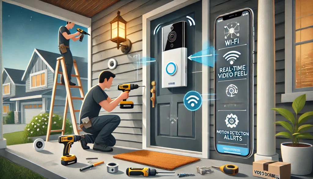 Two men installing a home security system, demonstrating how to install a smart home video doorbell.