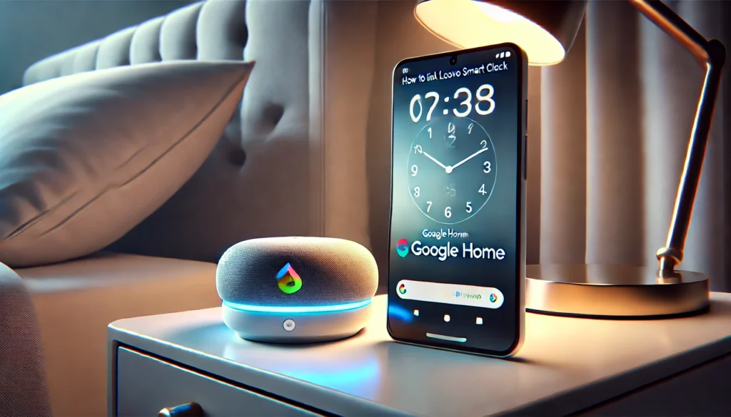 A smart speaker and a smartphone sit on a bedside table, illustrating how to link Lenovo Smart Clock to Google Home.