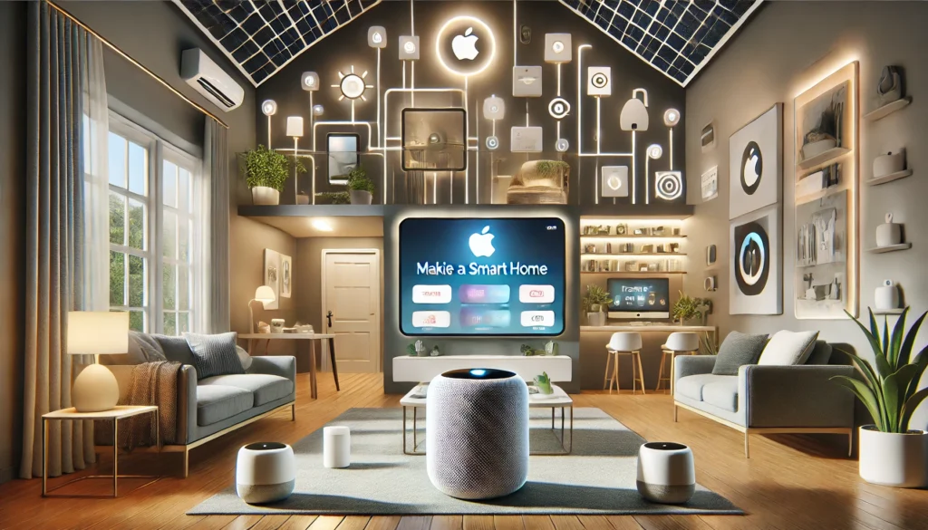 Apple AirPods next to a HomeKit device, showing how to make your home a smart home with Apple.