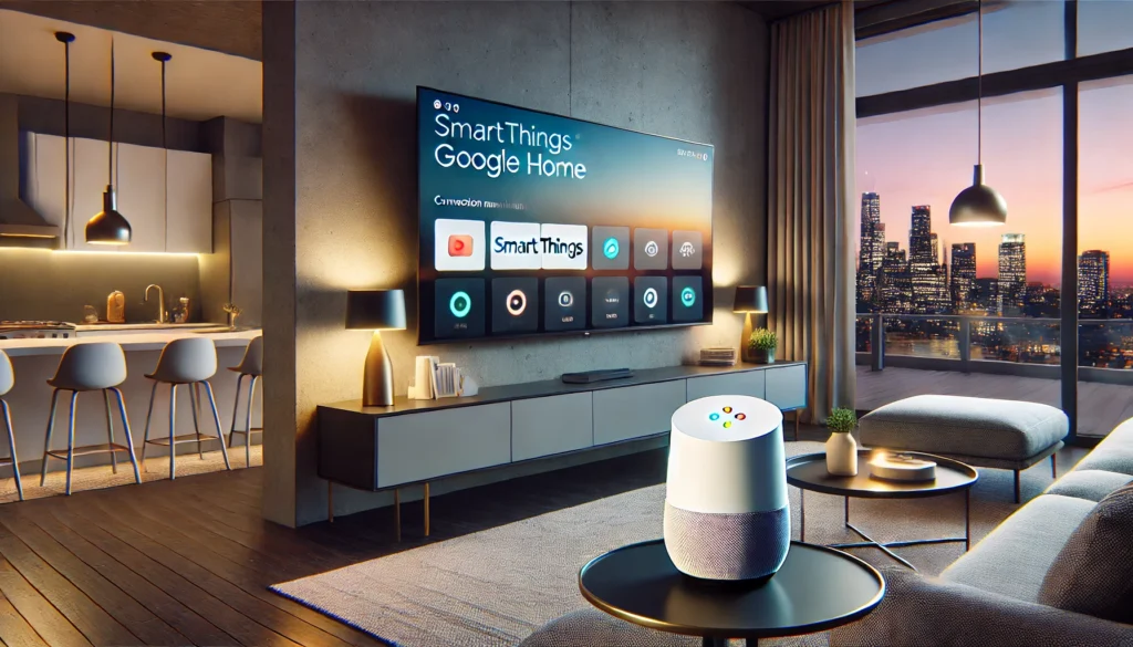 A Google Home Mini smart speaker on a table, ideal for controlling devices like a Samsung Smart TV. Learn how to link them easily.