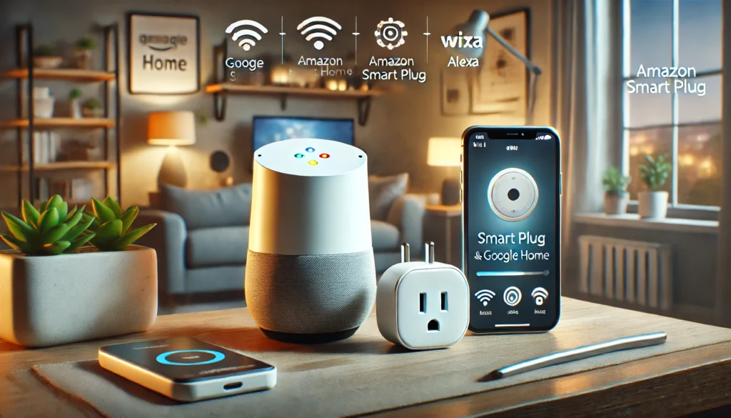 A collection of smart home devices, showcasing how to set up Amazon Smart Plug with Google Home for easy control.