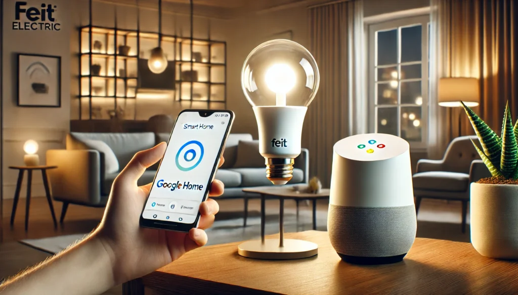 A Feit electric smart light bulb glowing, illustrating how to set up Feit smart bulbs with Google Home easily.