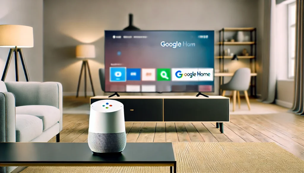 Google Home smart speaker placed in a cozy living room, perfect for learning how to set up Samsung Smart TV to Google Home.
