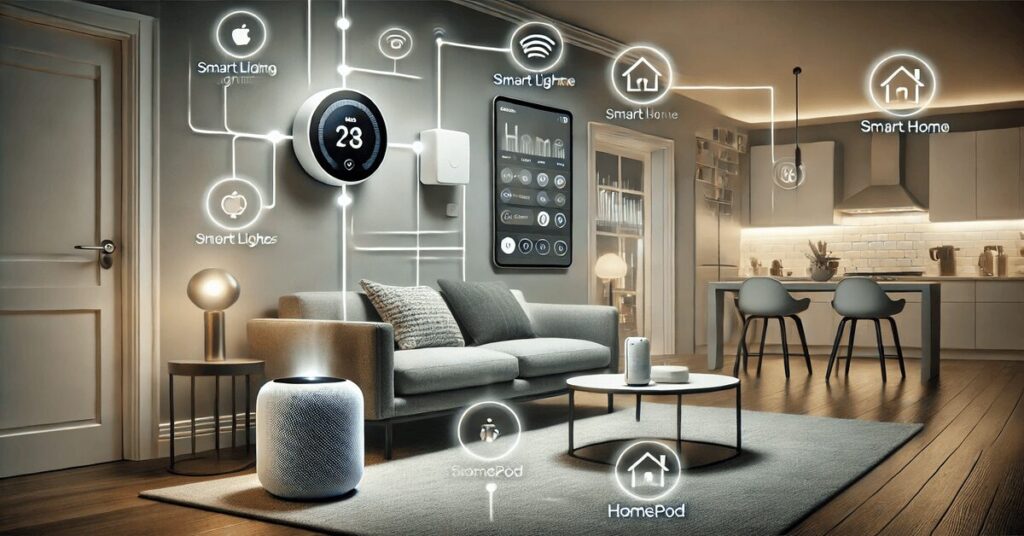 A sleek smart home environment featuring multiple smart devices, emphasizing solutions that work best with Apple technology.