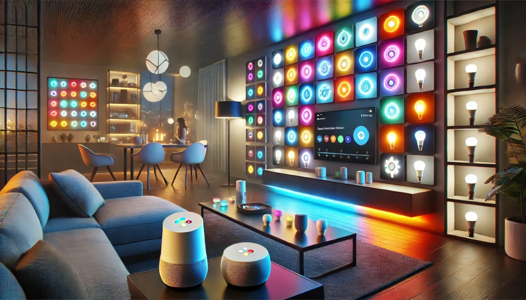 A stylish living room illuminated by a large wall of colorful lights, highlighting the integration of smart lighting with Google Home.