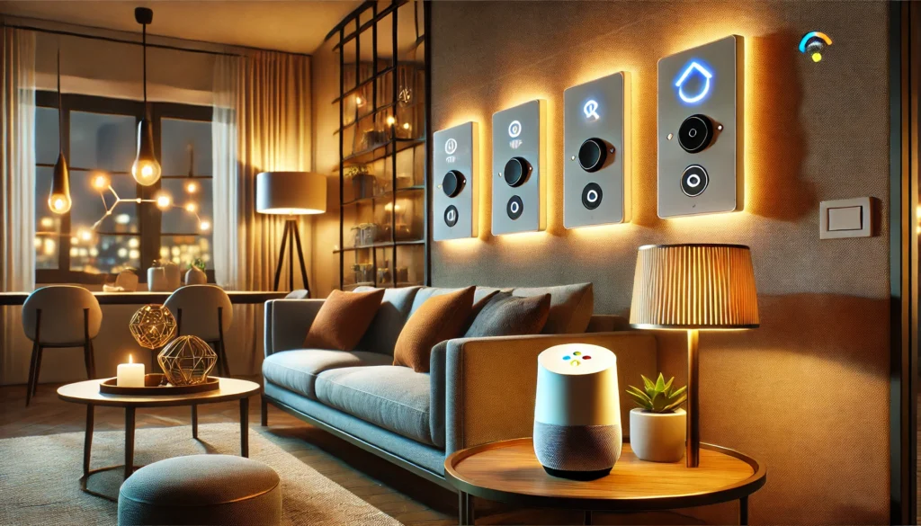 A modern living room showcasing a couch, smart switches for Google Home, and a lamp, designed for comfort and compatibility with smart home devices.